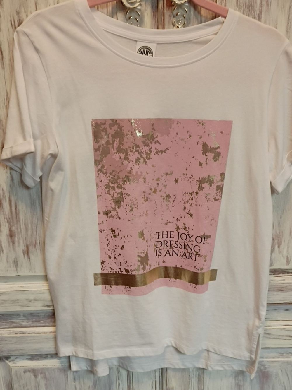 White Graphic Tee with Pink & Gold Accent